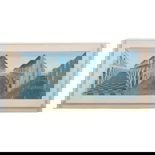 Patrick Hughes b.1939 3-D Optical LE Street Scene: Patrick Hughes (British, born 1939), limited edition 3-D Reverspective optical artwork featuring a mixed media print of a cityscape composed of three distinct architectural zones: a Romanesque arcade,