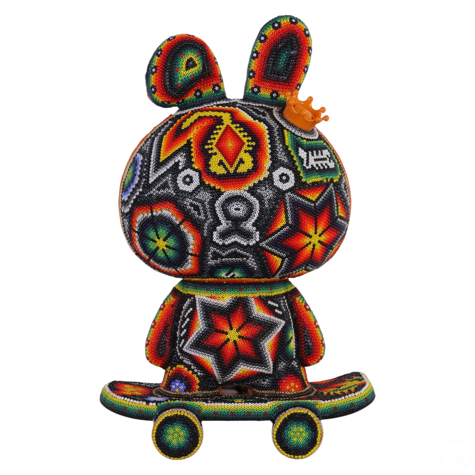 Rick Wolfryd CHROMA The Bunny Queen Skater Figure: Rick Wolfryd (CHROMA) (American Mexican, born 1953), original mixed media sculpture titled Bunny Queen Skater Later from the 2024 Skater Later Series. The work features a vinyl bunny figure embellishe