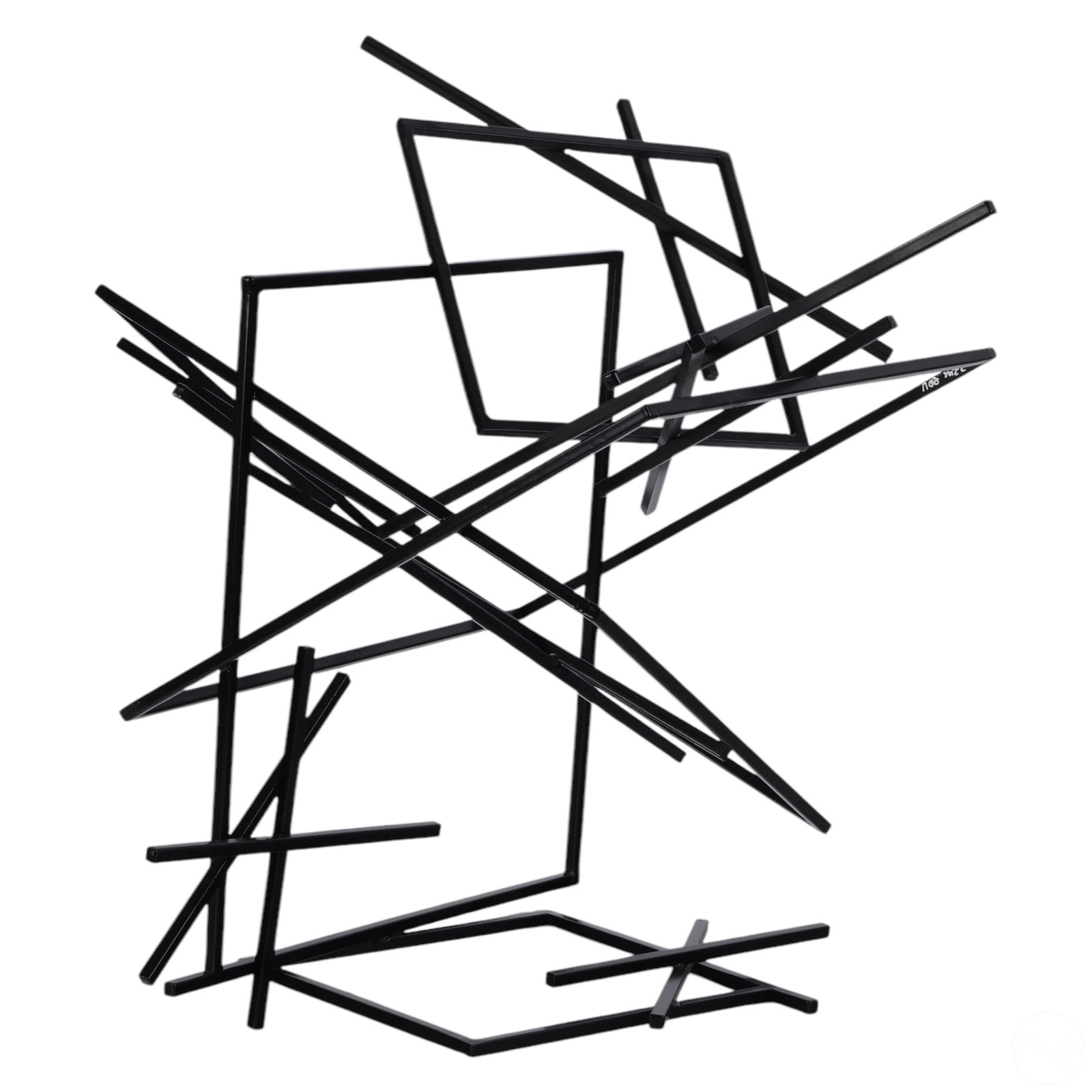 Blackened Metal Cubist Geometric Sculpture SIGNED: Blackened metal Cubist-Constructivist sculpture composed of intersecting linear bars and geometric frameworks, finished in a dark patina. Reflects influences of Geometric Abstraction, Cubist-Construct