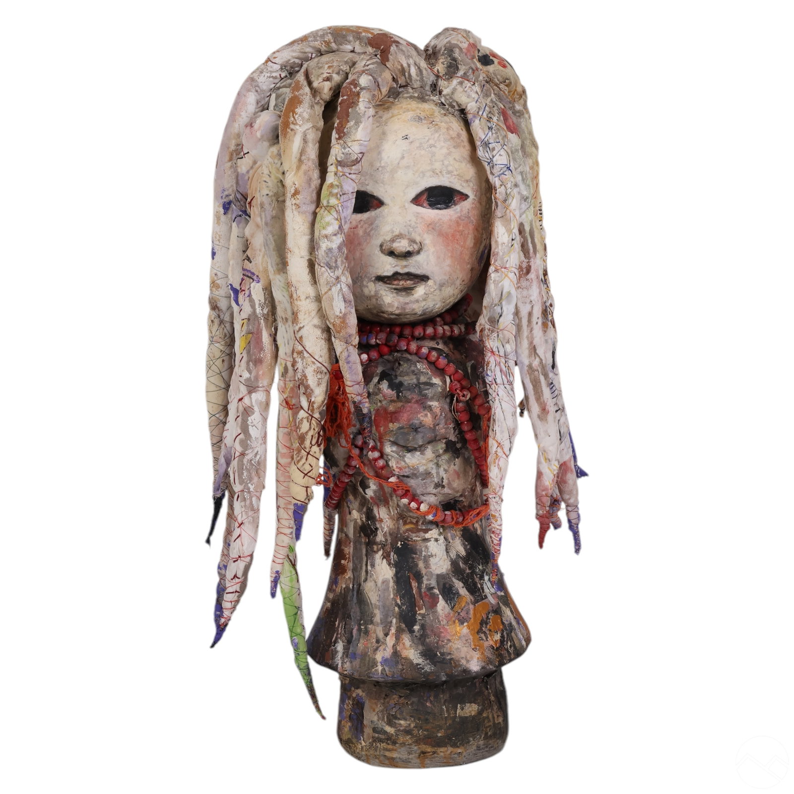 Mariana Monteagudo b.1976 Rasta Bust Art Sculpture: Mariana Monteagudo (Venezuelan-American, born 1976), Rasta, mixed media sculpture from the Canvas Dolls series, 2018. Constructed from painted papier-mâche, textile-wrapped coils, beads, threads, and