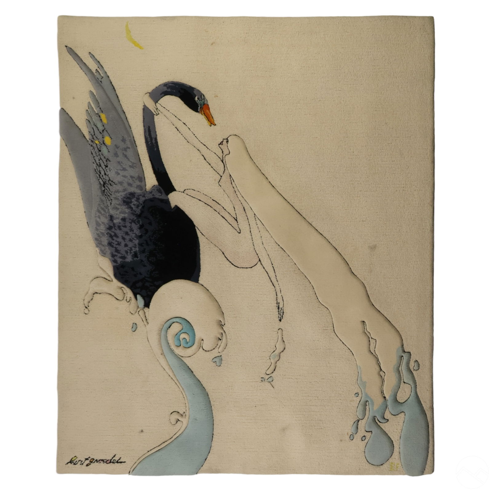 Burt Groedel b.1937 Edward Fields Carpet Area Rug: Custom-made bespoke designer living room area rug, designed circa 1990s by artist Burt Groedel (born 1937) for Edward Fields (Long Island, NY). Titled Take Me to Your Leda, this rectangular rug featur