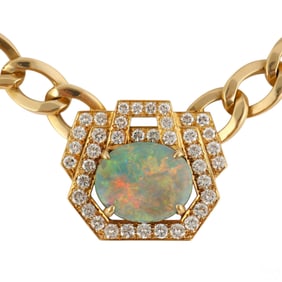 David Webb 18K Gold Opal Diamond Link Necklace 89g