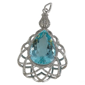 Platinum 28 CT Aquamarine & Diamond Pendant w/ GIA