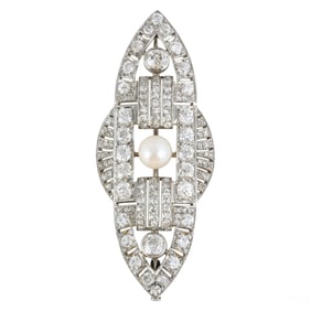 Antique Platinum 6 CTTW Diamond & Pearl Brooch 18g
