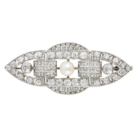 Antique Platinum 6 CTTW Diamond & Pearl Brooch 18g