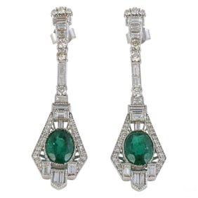 14K White Gold, Emerald and Diamond Drop Earrings