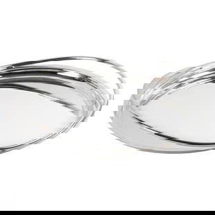 Christofle Vertigo Silverplate Round Tray with Box: Christofle silver-plated round serving tray in the Vertigo pattern, featuring a mirror-polished surface and integrated double handles in a minimalist modern design. Stamped "Christofle France" on the