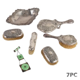 Antique Silver Vanity Brush Mirror Compact 7pc LOT