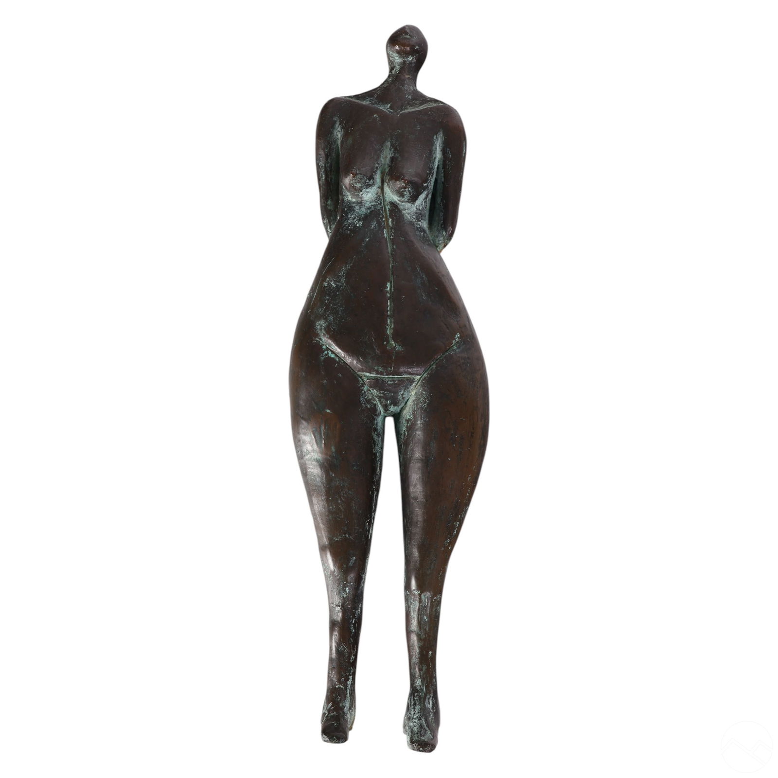 Bronzed Modernist Prone Nude Woman Wall Sculpture: Modern bronzed composition wall sculpture depicting a stylized nude female figure in a pose with hands resting behind her back. The bronzed finish features a patinated surface accented by verdigris to