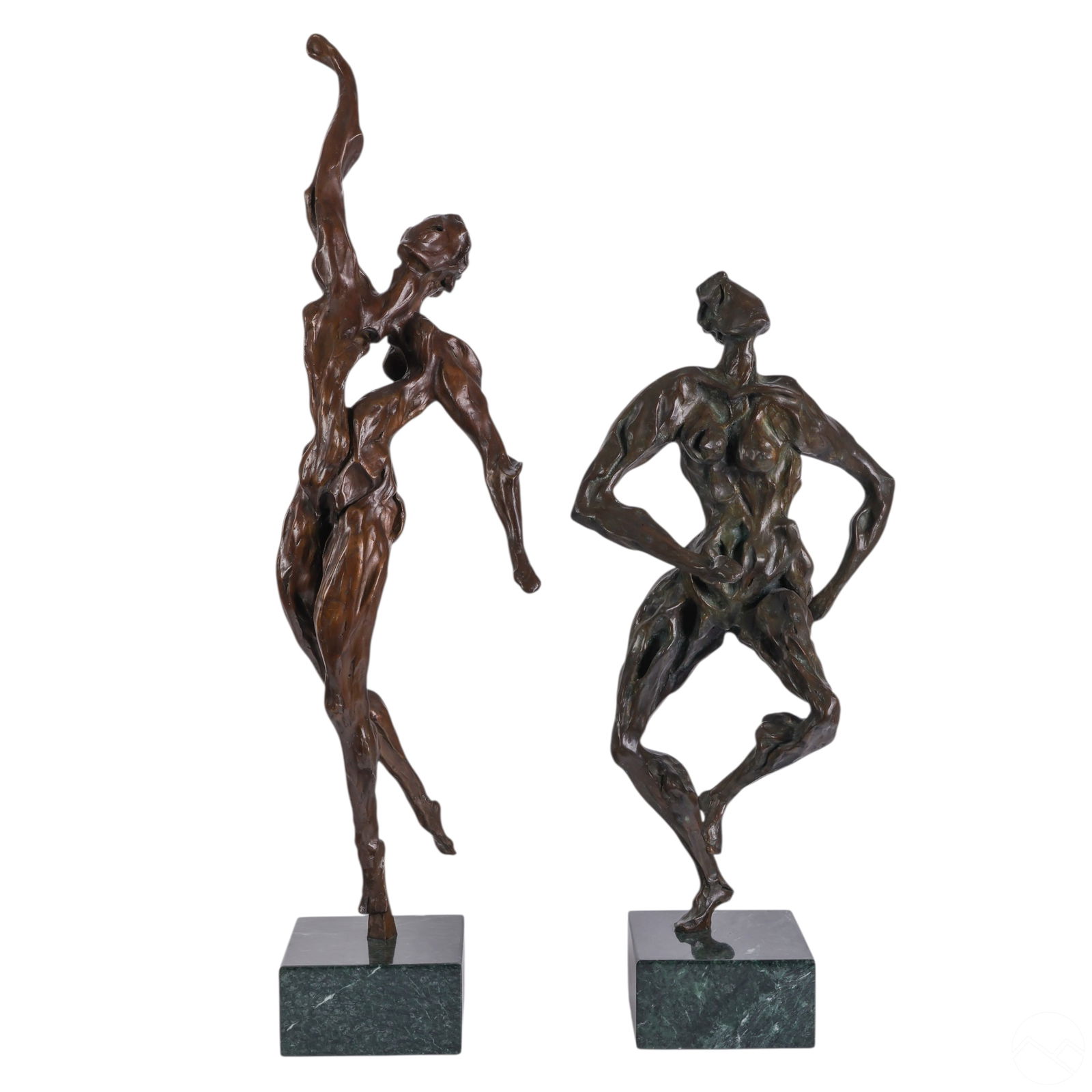 Modern Brutalist Nude Bronze Dancers SIGNED 2p LOT: Lot of two Brutalist Modernist bronze sculptures depicting abstract dancing figures in motion. Each features expressive poses and textured surfaces, one reaching upward on pointed toe, the other mid-s