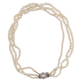 18k White Gold Triple Strand Pearl Necklace SIGNED