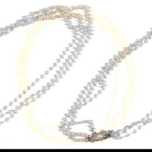 18k White Gold Triple Strand Pearl Necklace SIGNED: Triple-strand Akoya cultured pearl necklace featuring graduated round to near-round pearls measuring approximately 3 to 6 millimeters, with soft rose overtones and good luster. Each pearl is hand-knot