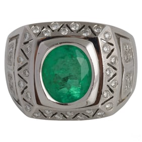 14K White Gold Emerald & Diamond Men's Ring 11.9g.