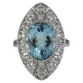 14K White Gold Aquamarine Diamond & Sapphire Ring