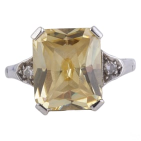 14k White Gold Yellow Quartz & Diamond Ring Sz 7.5