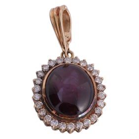 14K Gold Purple Red Star Sapphire Diamond Pendant