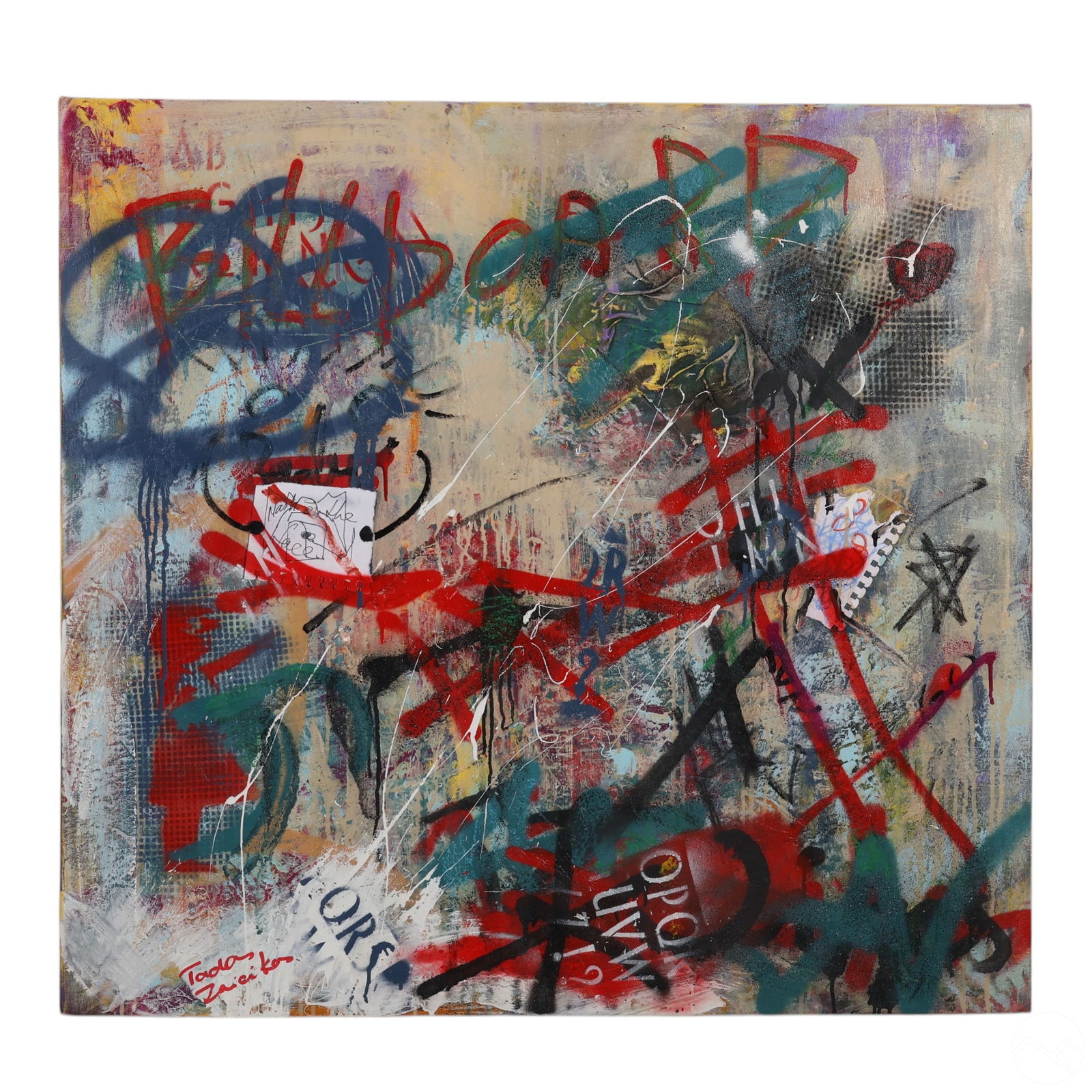 Tadas Zaicikis (b.1974) Abstract Graffiti Painting: Tadas Zaicikas aka TedyZet (Lithuania-American, born 1974), Billboard #9, original mixed media graffiti painting on canvas, 2020. Featuring layers of colorful spray paint, stenciling, and expressive b