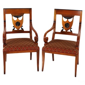 19C. Pair Biedermeier Empire Silk Cushioned Chairs