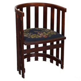 Antique Arts and Crafts Oak Wood Barrel Back Chair