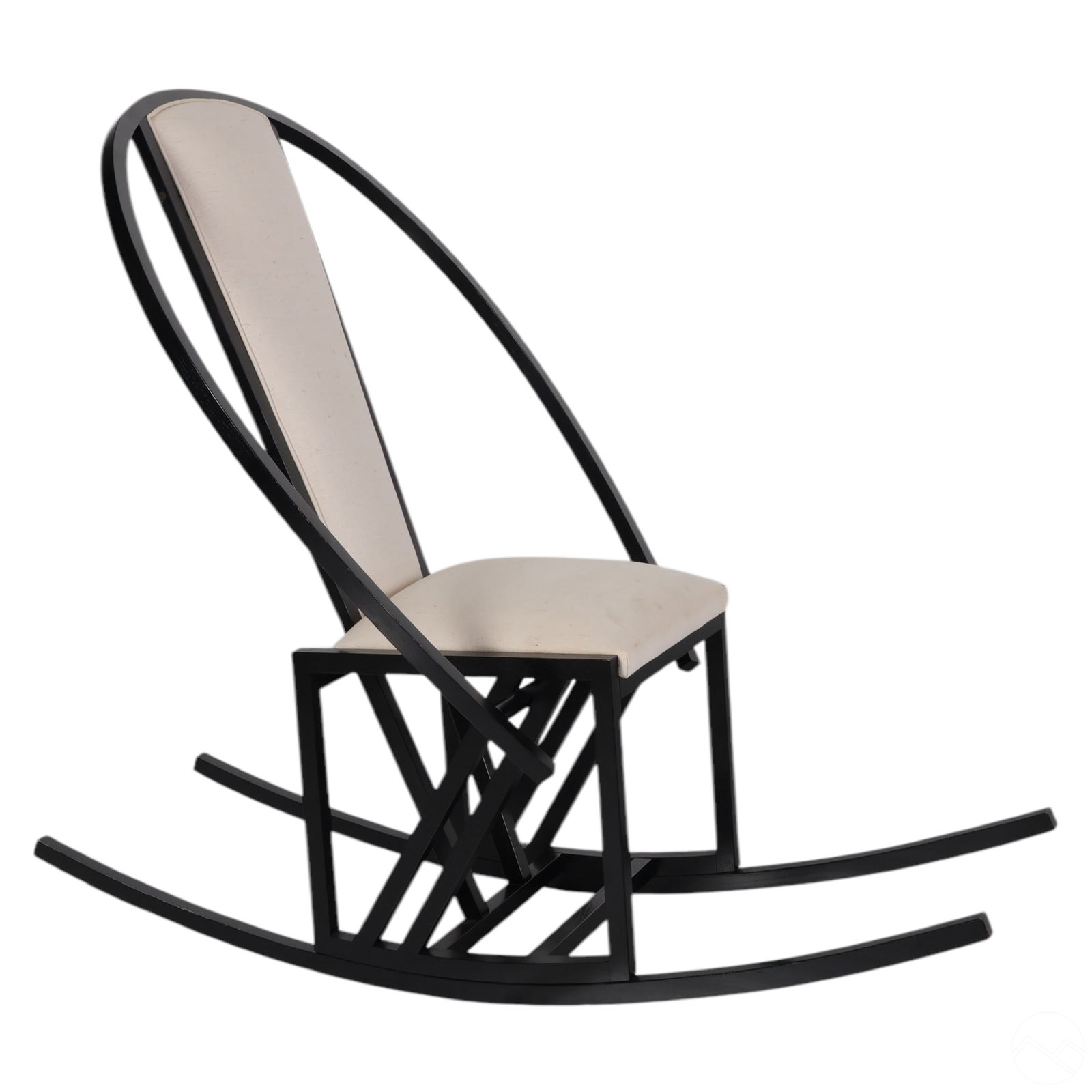 Pascal Mourgue 1943-2014 "Contrast" Rocking Chair: Pascal Mourgue (France, 1943-2014), Contrast rocking chair, late 20th century. Features a black powder-coated wooden frame with a sculptural elliptical backrest and rocker base, paired with an upholst