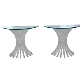 Pair of Lucite Glass Top Demilune Console Tables