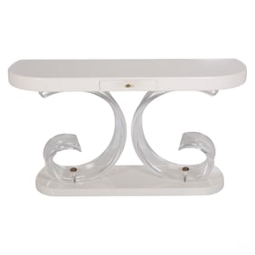 Postmodern White Enamel and Lucite Console Table