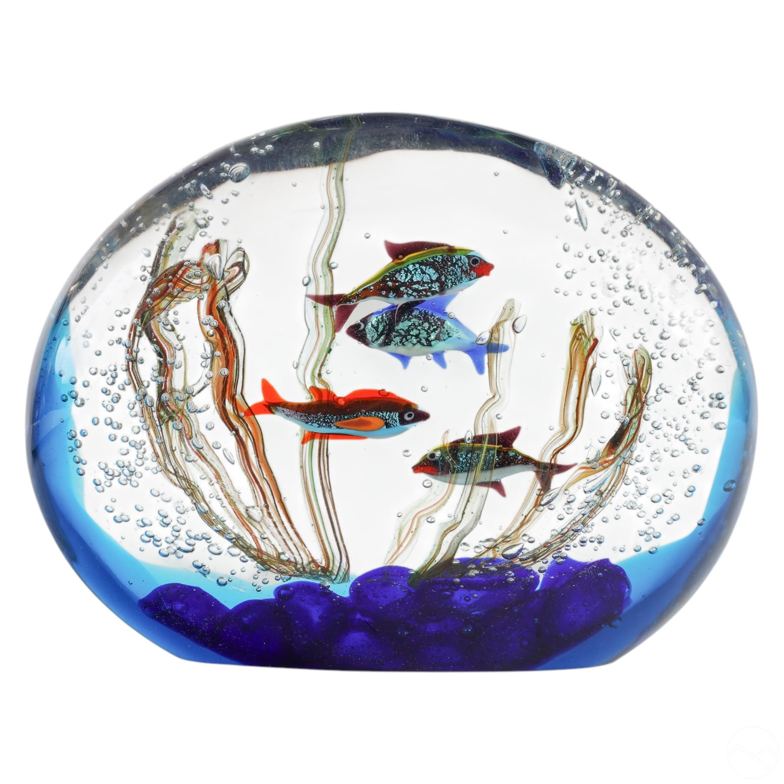 Murano Italian Art Glass Fish Aquarium Sculpture: Murano-style art glass aquarium sculpture crafted in clear hand-blown glass with a deep cobalt blue base. Features multicolored encased tropical fish, swirling kelp-like strands, and suspended control