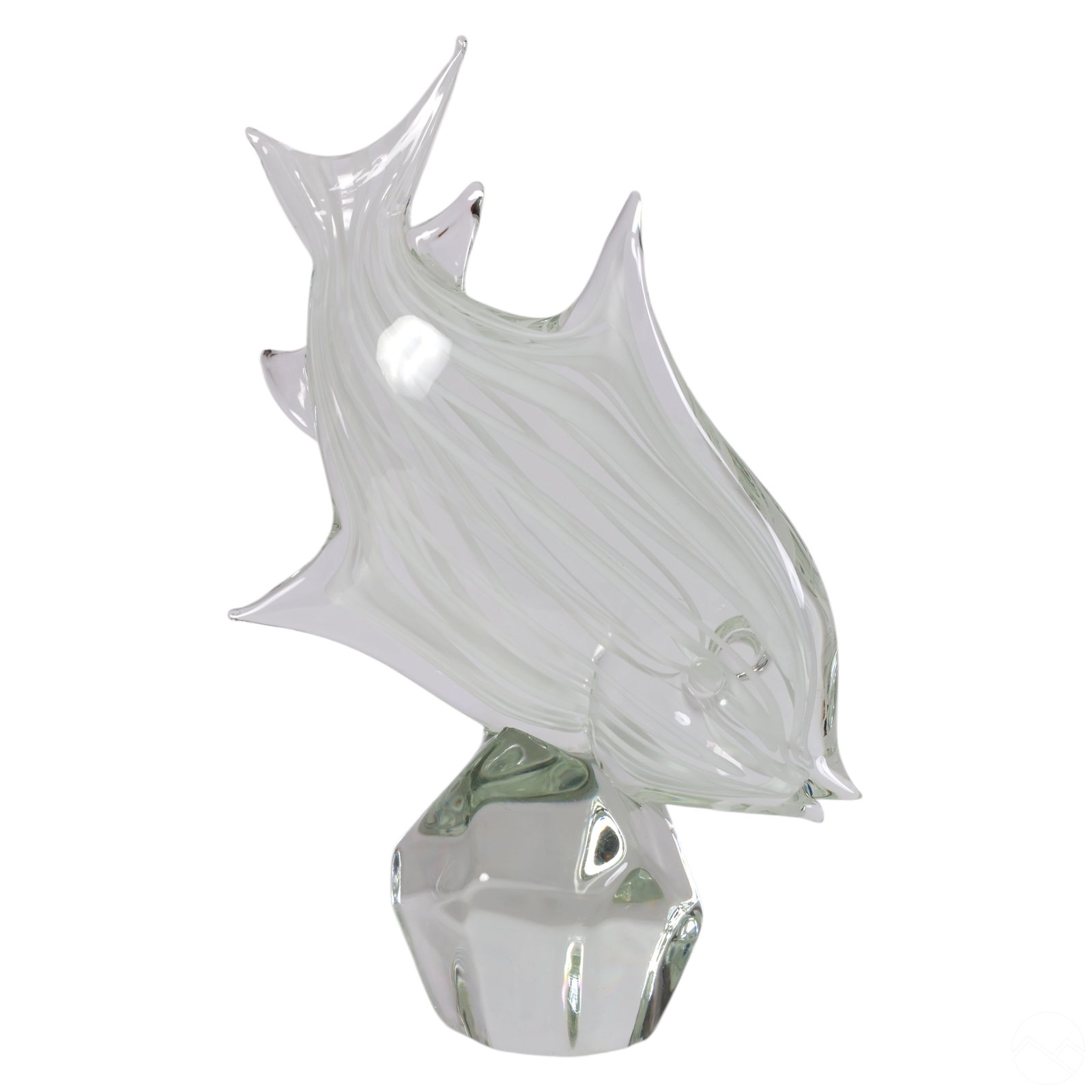 Zanetti Murano Art Glass Tropical Fish Sculpture: Zanetti Murano hand-blown art glass fish sculpture featuring a stylized tropical fish form crafted in clear glass with delicate white ribbons running throughout. The body is gracefully shaped with flo