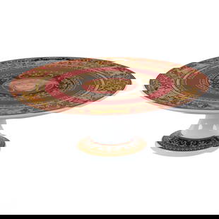 Versace Rosenthal Red Medusa Pie Cake Stand Tray: Versace for Rosenthal 'Red Medusa' porcelain pedestal cake plate featuring the iconic Medusa head motif at center, surrounded by red and black baroque scrollwork with gold accents. Footed form designe