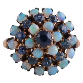 14k Yellow Gold Opals Blue Gemstones Princess Ring