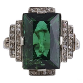18k White Gold Deco Tourmaline & Diamond Ring s7.5