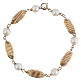 14k Yellow Gold Bead and Pearl Link Bracelet 6.5g.