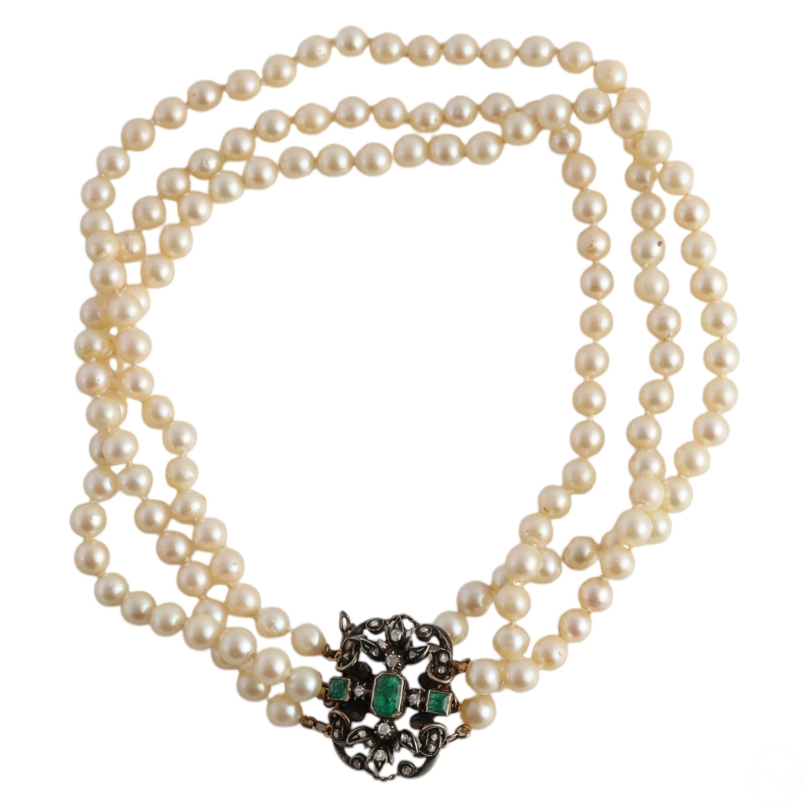 Pearl Necklace with Emerald & Diamond Silver Clasp (1 of 6)