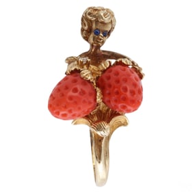 14K Yellow Gold Coral Diamond Sculptural Ring 14g.