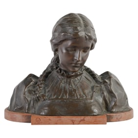 Antique Bronze Bust of Maiden with Braids SIGNED