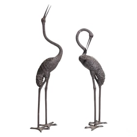 Pair of Bronze Heron Crane Bird Garden Sculptures