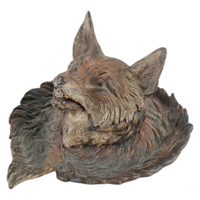 Early Bronze Cold Painted Hinged Fox Head Inkwell