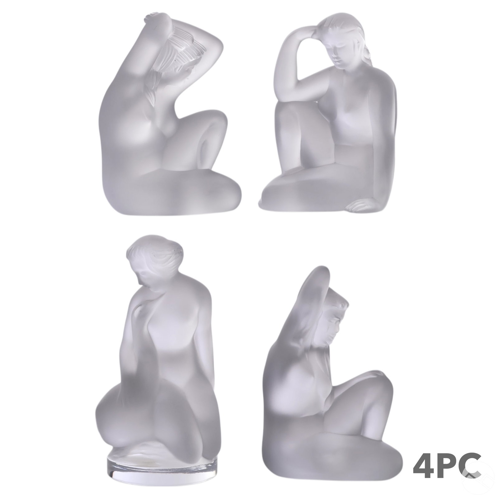 Lalique Frosted Crystal Nude Bacchante Figure LOT: Lot of four Lalique France frosted crystal nude Bacchante figurines. Each figure rendered in satin-finished crystal, depicting a nude Bacchante in a unique pose with flowing lines and classical influe