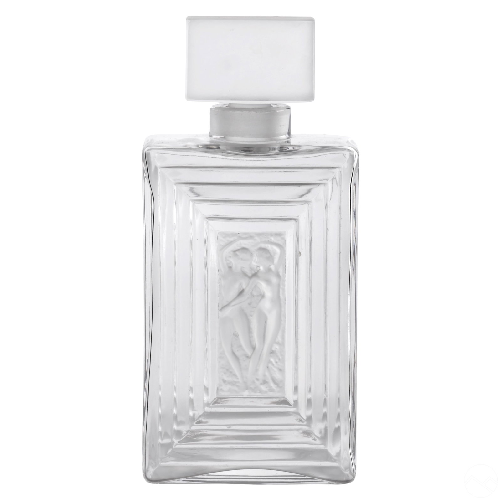 Lalique Crystal Duncan # 3 Art Deco Perfume Bottle: Lalique crystal perfume bottle titled Duncan No. 3, featuring clear and frosted glass with molded nude figures in a stepped Art Deco design and a rectangular stopper. Signed with incised signature to 