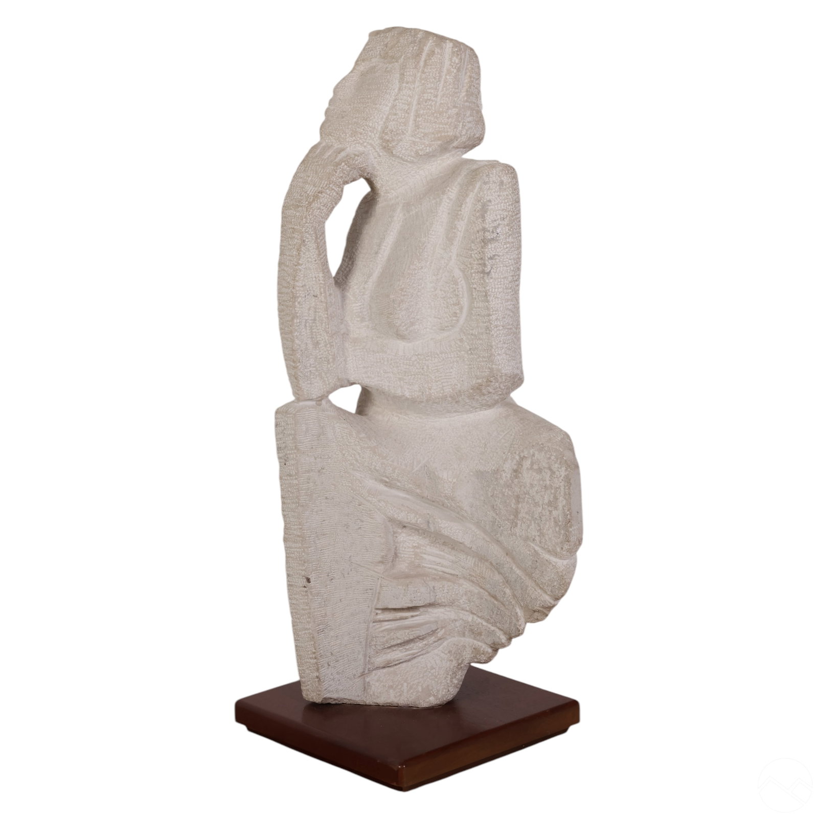 Modernist Figural Abstract White Stone Sculpture: White stone sculpture featuring a Modernist abstract representation of a seated figure with angular contours, stylized features, and deeply textured chisel marks. Mounted on a rectangular wooden plint