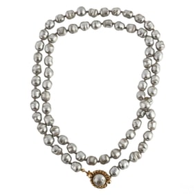 Chanel Designer Long Faux Grey Pearl Necklace 37"