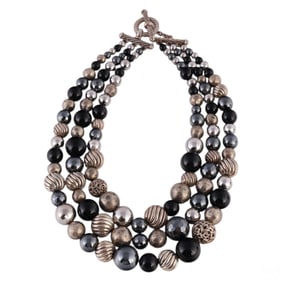 David Yurman Silver & Onyx Triple Strand Necklace