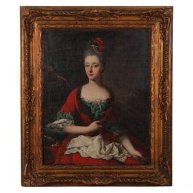 Antique French Lady in Red Dress Portrait Painting