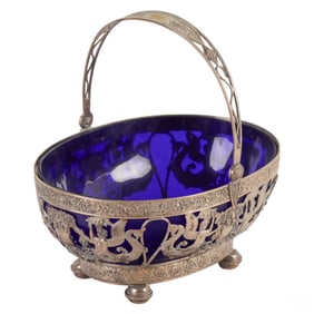 Antique 800 Silver German Basket with Cobalt Glass