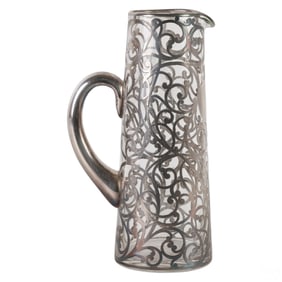Antique Art Nouveau Silver Overlay Glass Pitcher