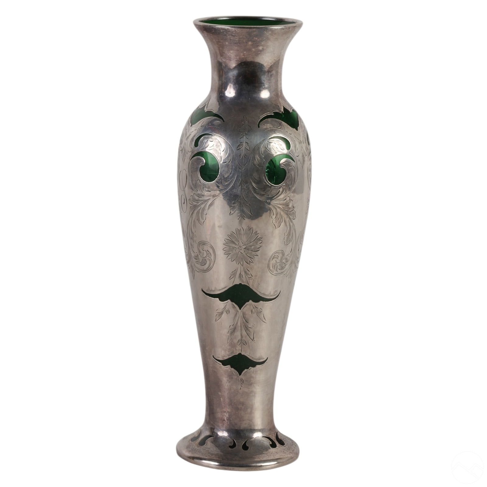 Antique Emerald Green Glass & Silver Overlay Vase (1 of 5)