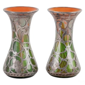 Pair Loetz Style Silver Overlay Color Glass Vases