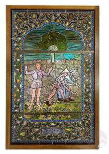 French Medieval Style Summer Stained Glass Window: Vintage leaded stained art glass window panel depicting a Renaissance-style summertime scene with three figures harvesting wheat in a field. The frame features yellow and green stained glass foliage w