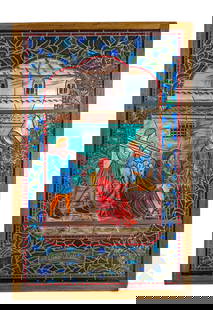 French Medieval Style Winter Stained Glass Window: Vintage leaded stained art glass window panel depicting a Renaissance-style winter scene within a classical indoor setting, where figures in period attire engage in wintertime activities. The frame fe