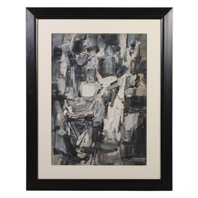 Grayscale Urban-Inspired Abstract Gouache Painting